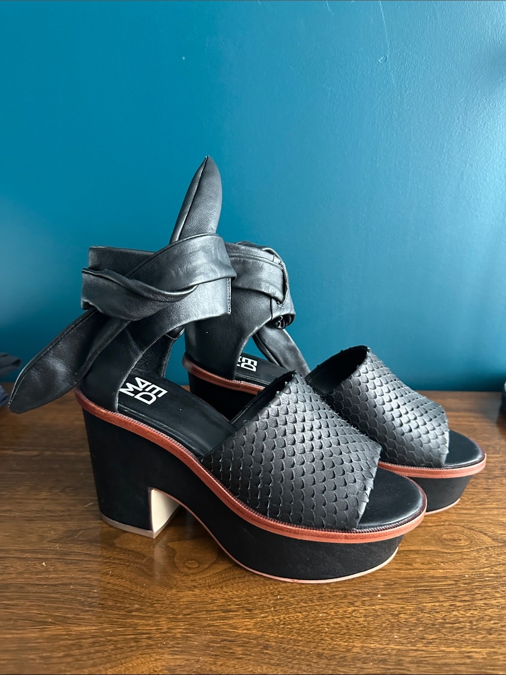 Free People Black Woven Platform Sandals with Wrap Ankle Tie